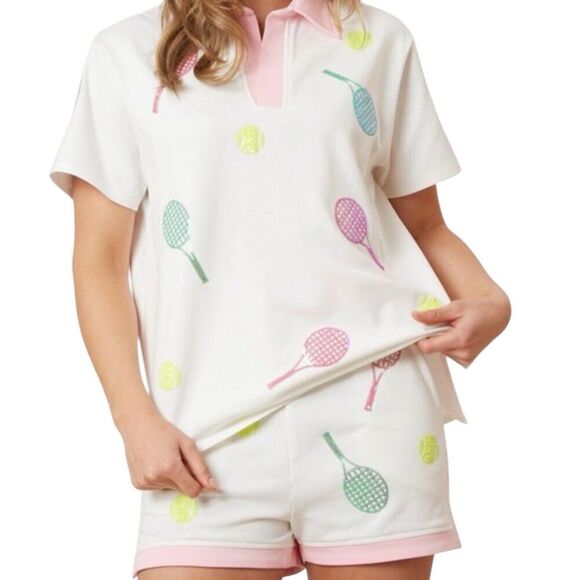 Fantastic Fawn Tops - New Fantastic Fawn Pink & Green Sequin Tennis Print Polo Top Women Size Large